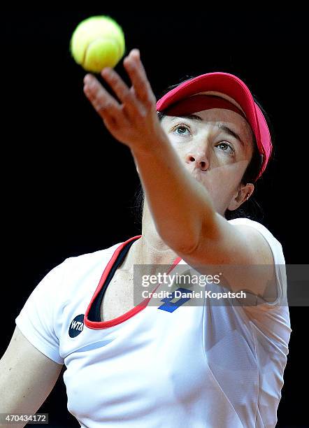 Alberta Brianti of Italy serves during her qualification match against Bethanie Mattek-Sands of the USA on day one of the Porsche Tennis Grand Prix...