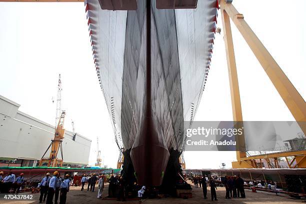 The Indian Navys newly built warship INS Visakhapatnam sails into the Arabian Sea during its launch at Mazagon Dock in Mumbai, India, Monday, April...