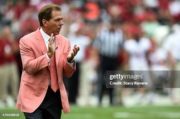 Head coach Nick Saban of the University of Alabama Crimson Tide watches action during the A-day spring game at Bryant-Denny Stadium on April 18, 2015...