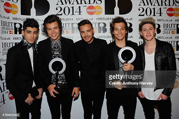 Zayn Malik, Harry Styles, Liam Payne, Louis Tomlinson and Niall Horan of One Direction, winner of the British Video and Global Success BRIT awards,...