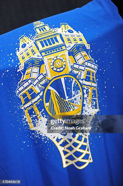 Logo of the Golden State Warriors on a shirt before a game against the Denver Nuggets on April 15, 2015 at Oracle Arena in Oakland, California. NOTE...