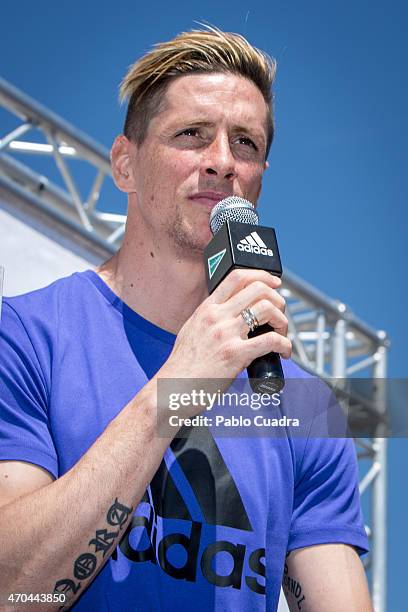 Atletico de Madrid football player Fernando Torres presents the new Ultra Boost Adidas trainers at Vincci Hotel on April 20, 2015 in Madrid, Spain.