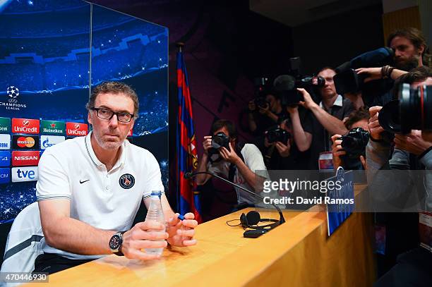 Head coach Laurent Blanc of Paris Saint-Germain FC looks on during a press conference ahead of their UEFA Champions League quarter-final second leg...