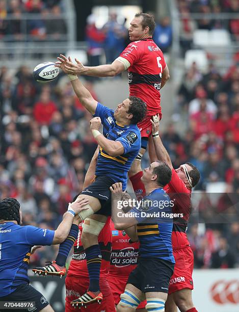 Ali Williams of Toulon beats Mike McCarthy to the lineout ball during the European Rugby Champions Cup semi final match between RC Toulon and...