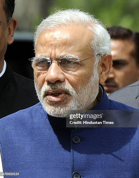 Prime Minister Narendra Modi arrives at Parliament to attend the second phase of the Budget Session on April 20, 2015 in New Delhi, India. Congress...