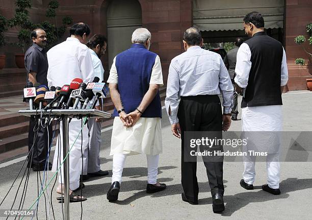 Prime Minister Narendra Modi along with his cabinet colleague M Venkaiah Naidu Ranjiv Pratap Rudy and Jitendra Singh leave after talking to the media...