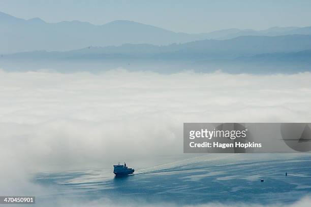 The Bluebridge ferry sails out of the fog on Wellington Harbour on February 20, 2014 in Wellington, New Zealand. The thick fog closed Wellington...