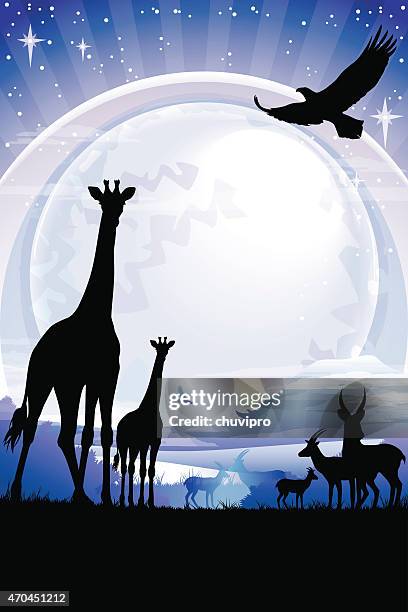 african giraffes and antelopes silhouettes safari against kilimanjaro at night - mt kilimanjaro stock illustrations