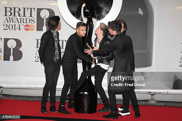 Liam Payne, Harry Styles, Niall Horan and Zayn Malik and Louis Tomlinson of One Direction attends The BRIT Awards 2014 at 02 Arena on February 19,...