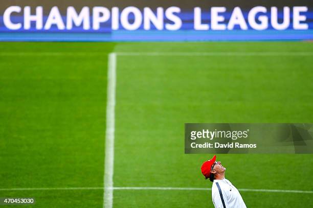 Head coach Laurent Blanc of Paris Saint-Germain FC looks on during a training session ahead of their UEFA Champions League quarter final second leg...