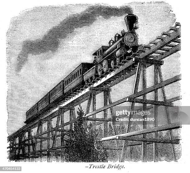 stream train on a trestle bridge - railroad bridge stock illustrations