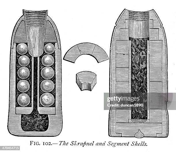 shrapnel and segment shells - exploded diagram stock illustrations