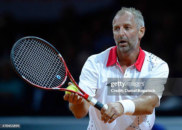 Thomas Muster of Austria in action during his Berenberg Classic match against Andre Agassi of the USA on day one of the Porsche Tennis Grand Prix at...