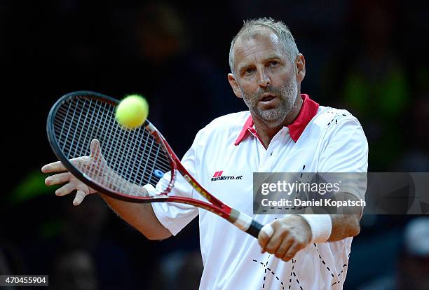 Thomas Muster of Austria in action during his Berenberg Classic match against Andre Agassi of the USA on day one of the Porsche Tennis Grand Prix at...