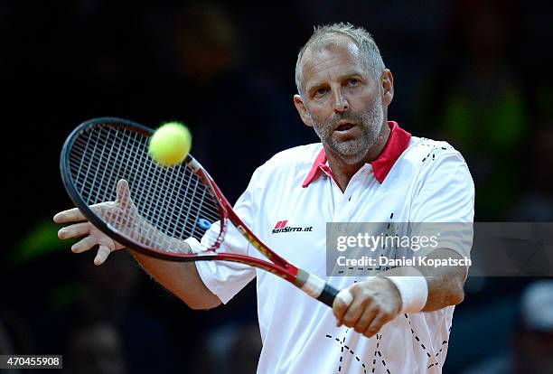 Thomas Muster of Austria in action during his Berenberg Classic match against Andre Agassi of the USA on day one of the Porsche Tennis Grand Prix at...