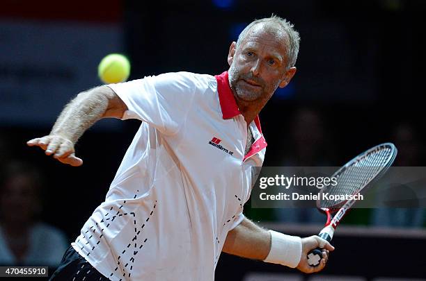 Thomas Muster of Austria in action during his Berenberg Classic match against Andre Agassi of the USA on day one of the Porsche Tennis Grand Prix at...