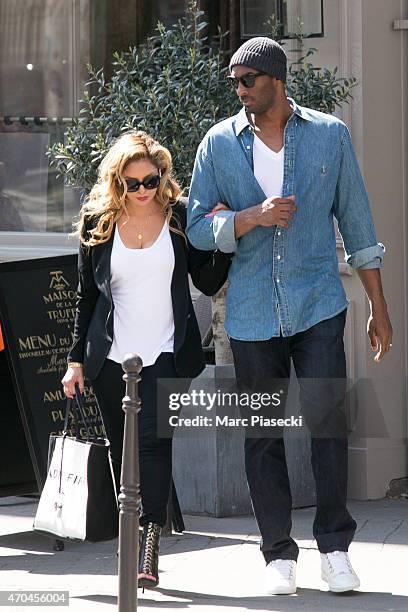 Kobe Bryant, 24 of the 'Los Angeles Lakers' and his wife Vanessa Laine Bryant are seen leaving the 'Maison de la Truffe' restaurant on April 20, 2015...