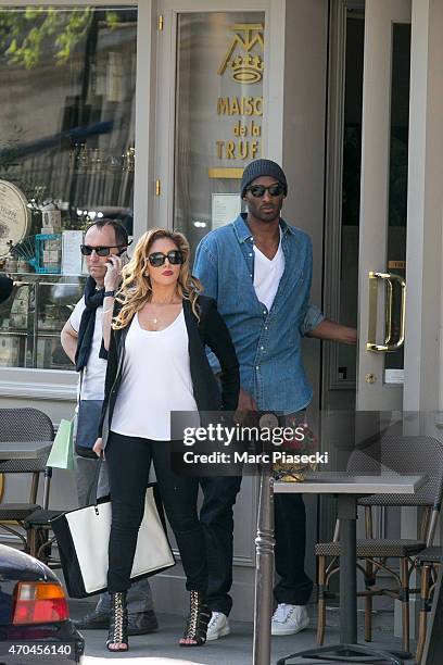 Kobe Bryant, 24 of the 'Los Angeles Lakers' and his wife Vanessa Laine Bryant are seen leaving the 'Maison de la Truffe' restaurant on April 20, 2015...