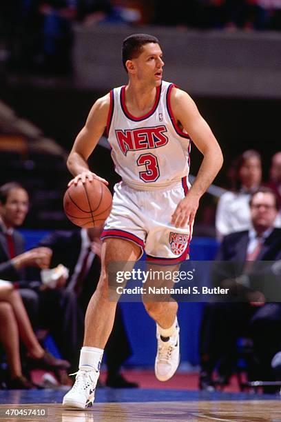 Drazen Petrovic of the New Jersey Nets handles the ball circa 1993 at the Continental Airlines Arena in East Rutherford, New Jersey. NOTE TO USER:...