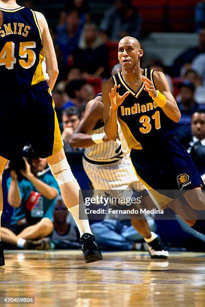 Reggie Miller of the Indiana Pacers calls for the ball against the Orlando Magic during game 1 of the Eastern Conference Finals on May 23, 1995 at...