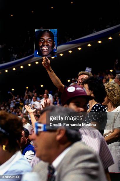 Fan holds a sign during game 1 of the Eastern Conference Finals between the Indiana Pacers and the Orlando Magic on May 23, 1995 at the Orlando Arena...