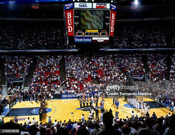 The Indiana Pacers and the Orlando Magic before game 1 of the Eastern Conference Finals on May 23, 1995 at the Orlando Arena in Orlando, Florida....