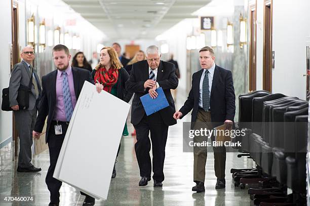 Senate Budget Committee chairman Mike Enzi, R-Wyo., arrives for the Senate-House Conference Committee meeting on the FY2016 Budget in the Dirksen...