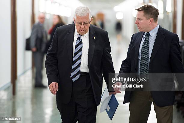 Senate Budget Committee chairman Mike Enzi, R-Wyo., arrives for the Senate-House Conference Committee meeting on the FY2016 Budget in the Dirksen...