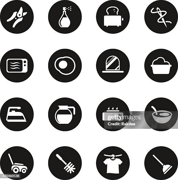 housekeeping icons - black circle series - cleaning kitchen stock illustrations