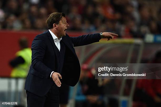 Head coach Kosta Runjaic of 1. FC Kaiserslautern reacts during the Second Bundesliga match between 1. FC Kaiserslautern and RB Leipzig at...