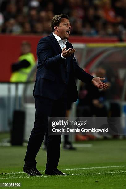 Head coach Kosta Runjaic of 1. FC Kaiserslautern reacts during the Second Bundesliga match between 1. FC Kaiserslautern and RB Leipzig at...