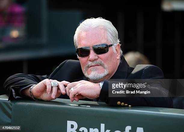 Brian Sabean, executive vice president of baseball operations of the San Francisco Giants, looks on from the dugout before the San Francisco Giants...