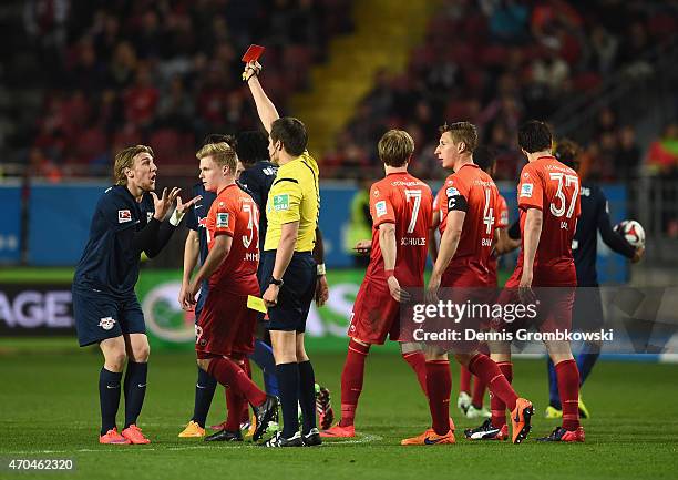 Emil Forsberg of RB Leipzig is shown the yellow-red card during the Second Bundesliga match between 1. FC Kaiserslautern and RB Leipzig at...