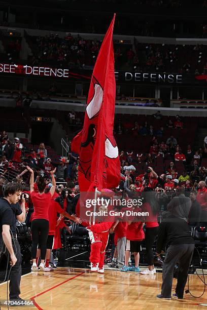 The Chicago Bulls mascot performs during a game against the Milwaukee Bucks in Game One of the Eastern Conference Quarterfinals during the NBA...