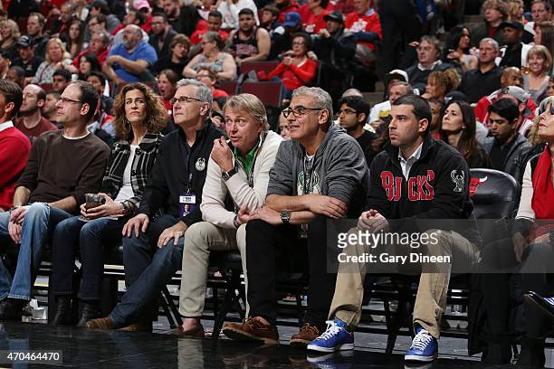 Milwaukee Bucks owners Wes Edens and Marc Lasry watch a game against the Chicago Bulls in Game One of the Eastern Conference Quarterfinals during the...