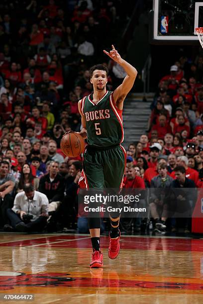 Michael Carter-Williams of the Milwaukee Bucks drives against the Chicago Bulls in Game One of the Eastern Conference Quarterfinals during the NBA...