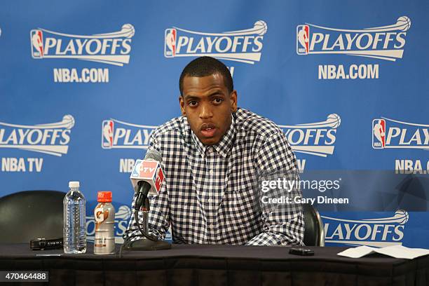 Khris Middleton of the Milwaukee Bucks speaks to the media after a game the Chicago Bulls in Game One of the Eastern Conference Quarterfinals during...