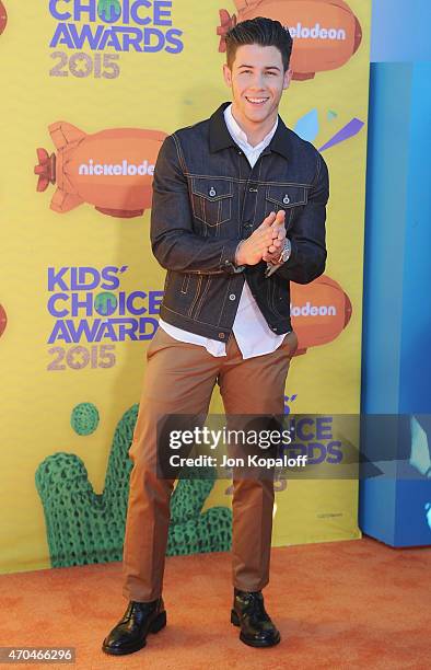 Singer Nick Jonas arrives at Nickelodeon's 28th Annual Kids' Choice Awards at The Forum on March 28, 2015 in Inglewood, California.