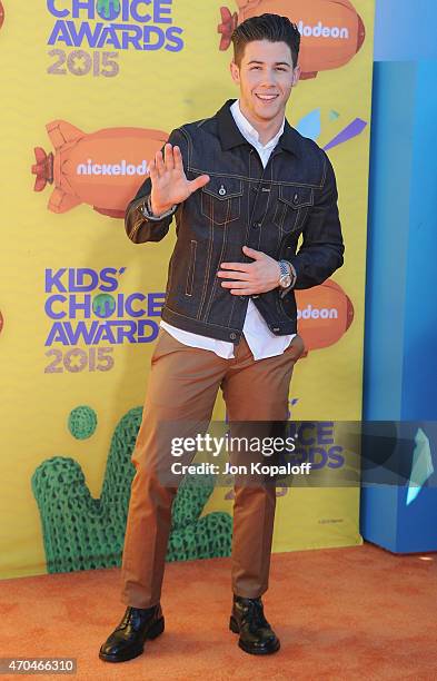 Singer Nick Jonas arrives at Nickelodeon's 28th Annual Kids' Choice Awards at The Forum on March 28, 2015 in Inglewood, California.