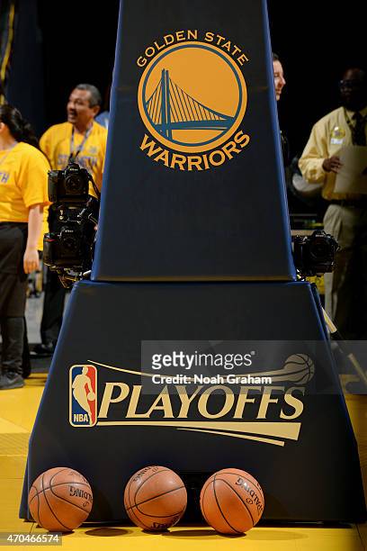 The NBA Playoffs logo and the Official NBA Spalding ball before a game between the New Orleans Pelicans and Golden State Warriors in Game One of the...