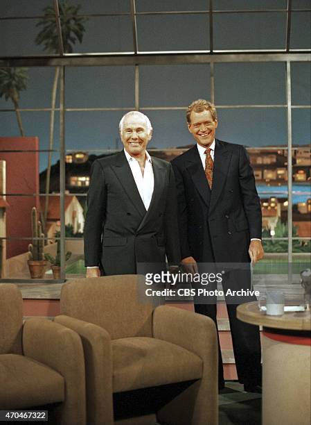 Johnny Carson in his first and only talk show appearance since stepping down as host of "The Tonight Show," gets a standing ovation by Letterman and...
