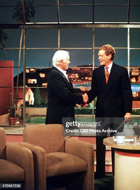 Johnny Carson in his first and only talk show appearance since stepping down as host of "The Tonight Show," gets a standing ovation by Letterman and...