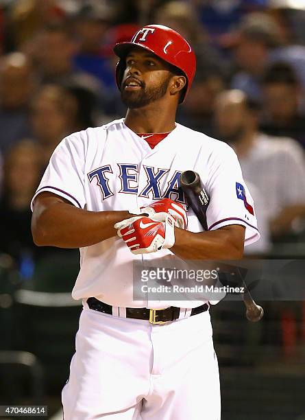 Carlos Peguero of the Texas Rangers at Globe Life Park in Arlington on April 13, 2015 in Arlington, Texas.