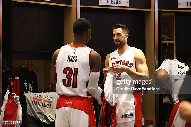 Terrence Ross and Landry Fields of the Toronto Raptors before the game against the Washington Wizards during Game One of the Eastern Conference...