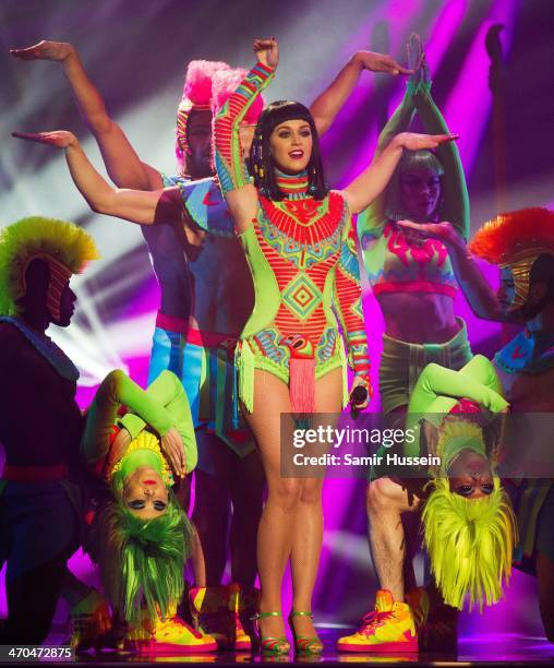 Katy Perry performs live onstage at The BRIT Awards 2014 at The O2 Arena on February 19, 2014 in London, England.