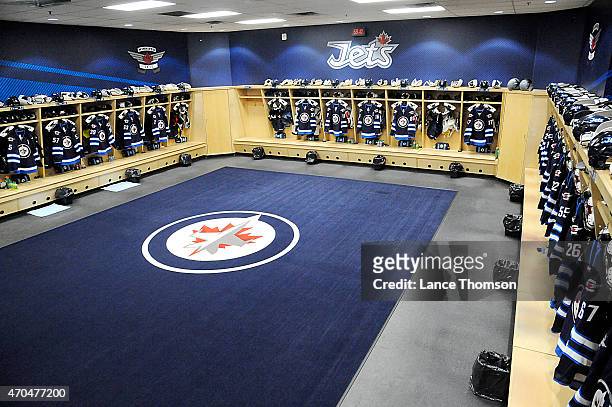 Look at the Winnipeg Jets locker room prior to Game Three of the Western Conference Quarterfinals between the Jets and the Anaheim Ducks during the...
