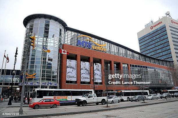 Playoff banners hang outside the MTS Centre prior to Western Conference Quarterfinals Game Three action between the Winnipeg Jets and the Anaheim...