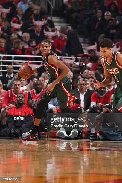 Giannis Antetokounmpo of the Milwaukee Bucks brings the ball up court against the Chicago Bulls in Game Two of the Eastern Conference Quarterfinals...