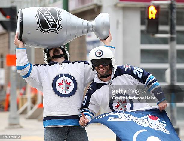 Winnipeg Jets fans Cody Laschyn and Tyler Macfarlane get pumped up prior to Game Three of the Western Conference Quarterfinals between the Anaheim...