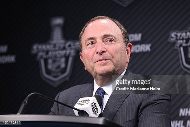 Commissioner Gary Bettman talks to the media prior to Game Three of the Western Conference Quarterfinals between the Anaheim Ducks and Winnipeg Jets...